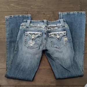 Miss Me Denim Boot Cut Jeans with Rhinestone Embolished.